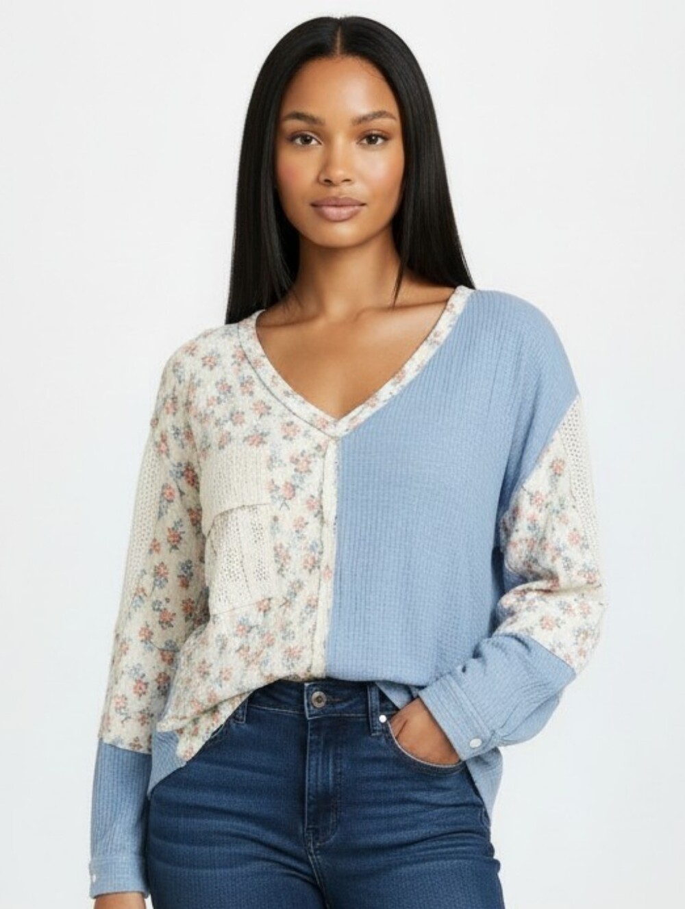 POL Oversized Thermal Top Floral Plaid Patchwork Boho Grunge Cottage Medium